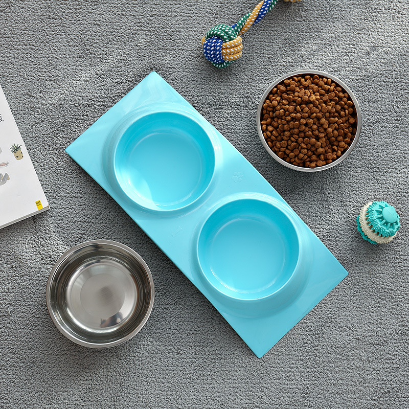 Removable stainless inserts in anti-tip double pet bowl
