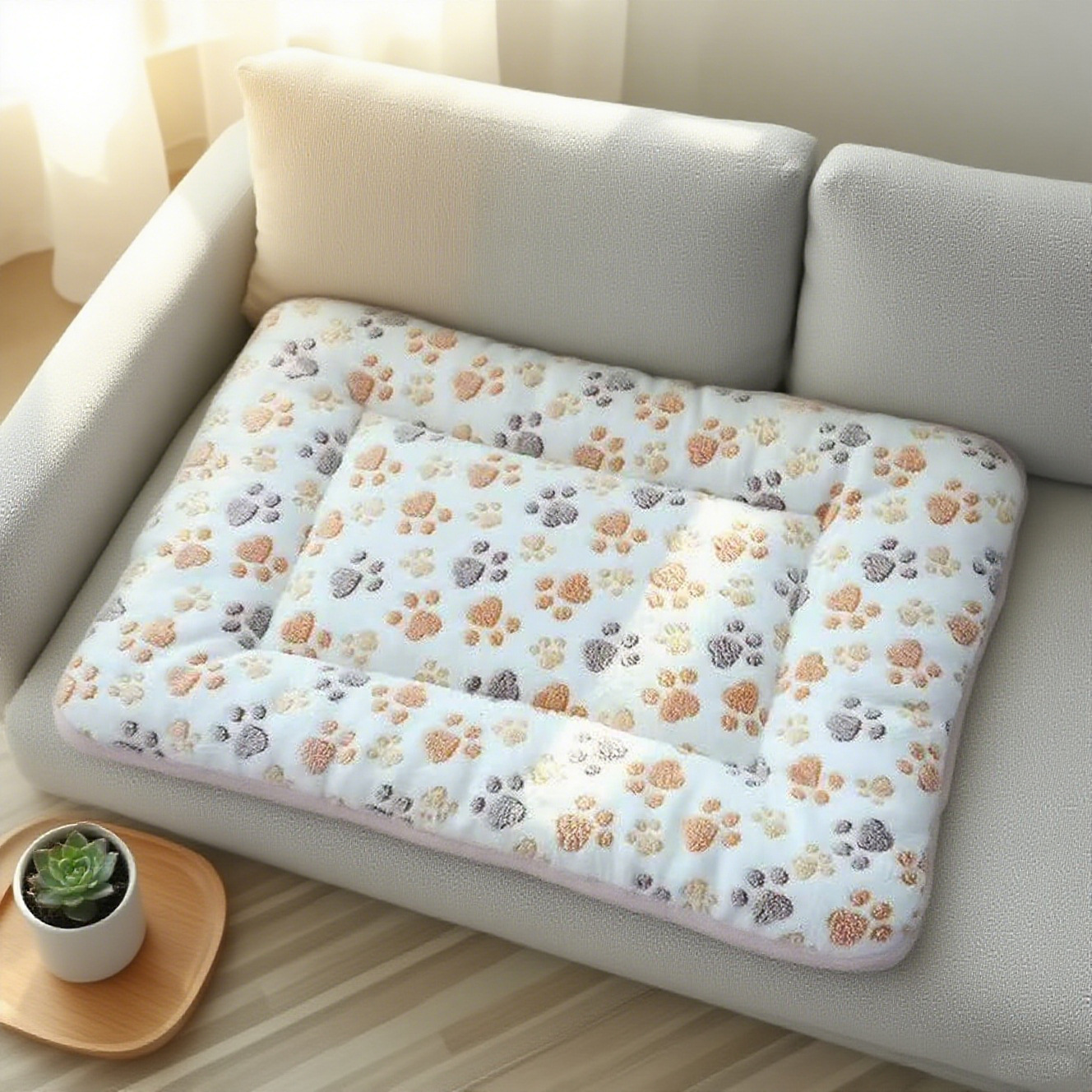 Cream paw coral fleece padded pet mat on a sofa