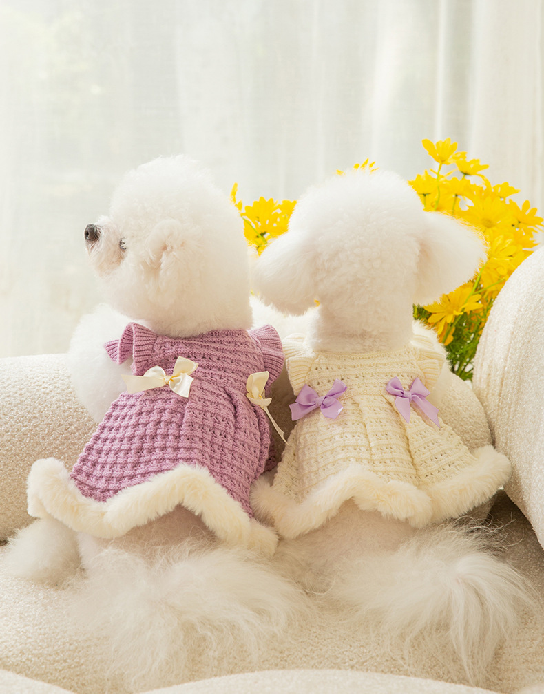 Purple and cream bow knit pet dresses shown from the back