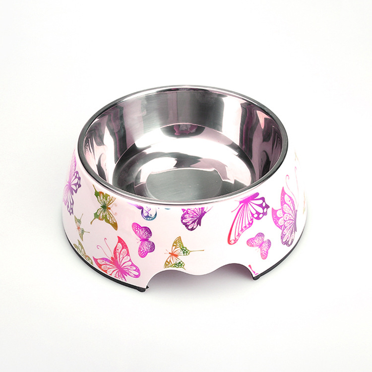 Butterfly pattern stainless steel pet bowl with polished interior
