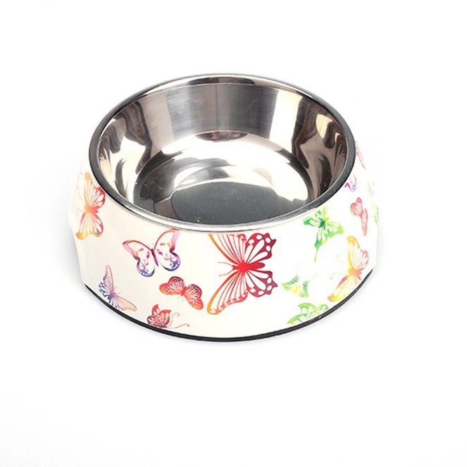 Butterfly pattern stainless steel pet bowl front view