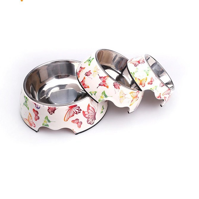 Butterfly pattern stainless steel pet bowl size options