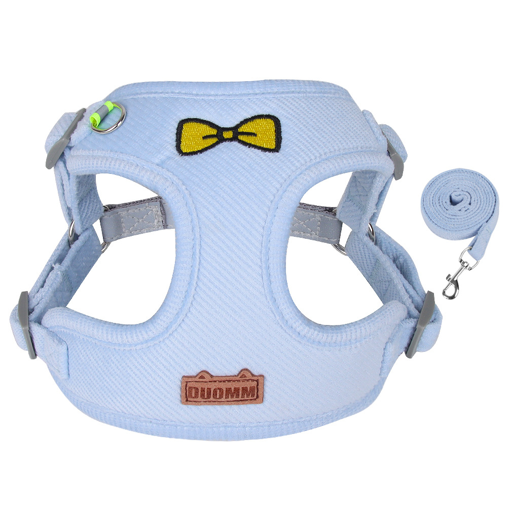 Blue corduroy bow dog harness and leash set