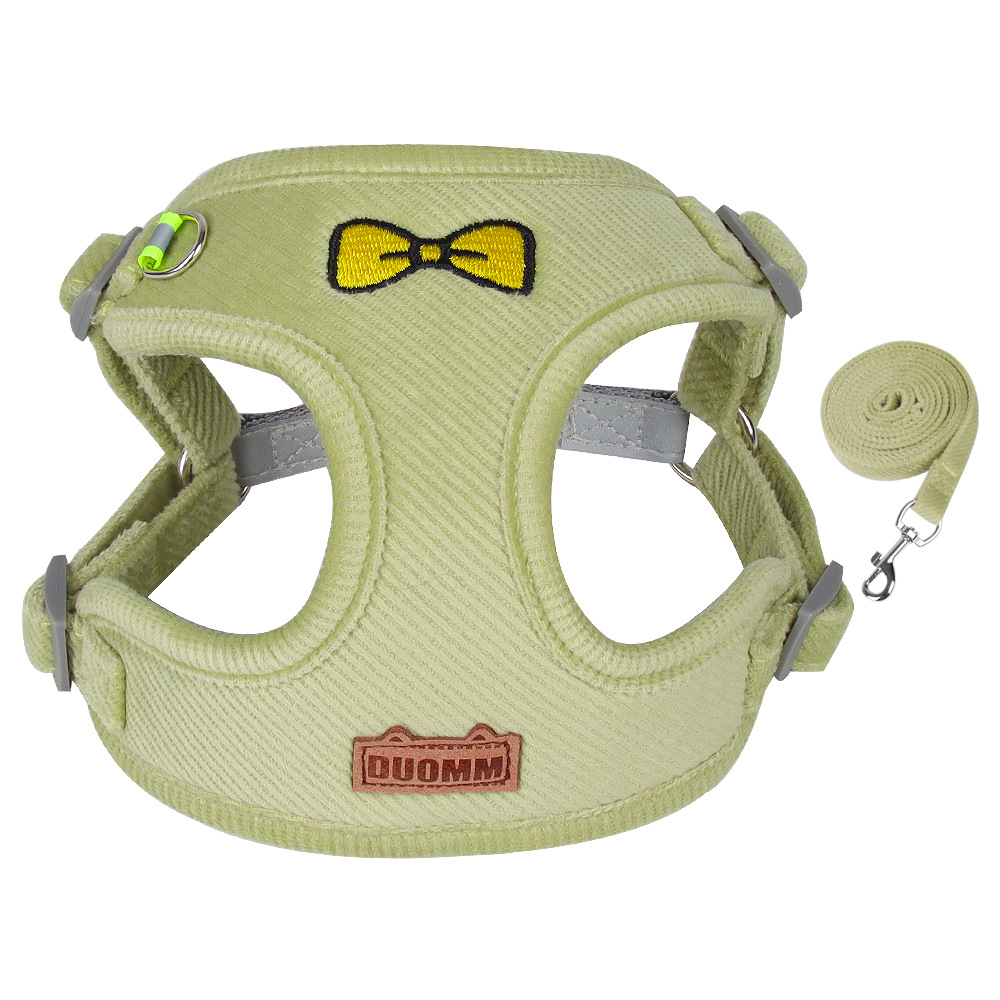 Green corduroy bow dog harness and leash set