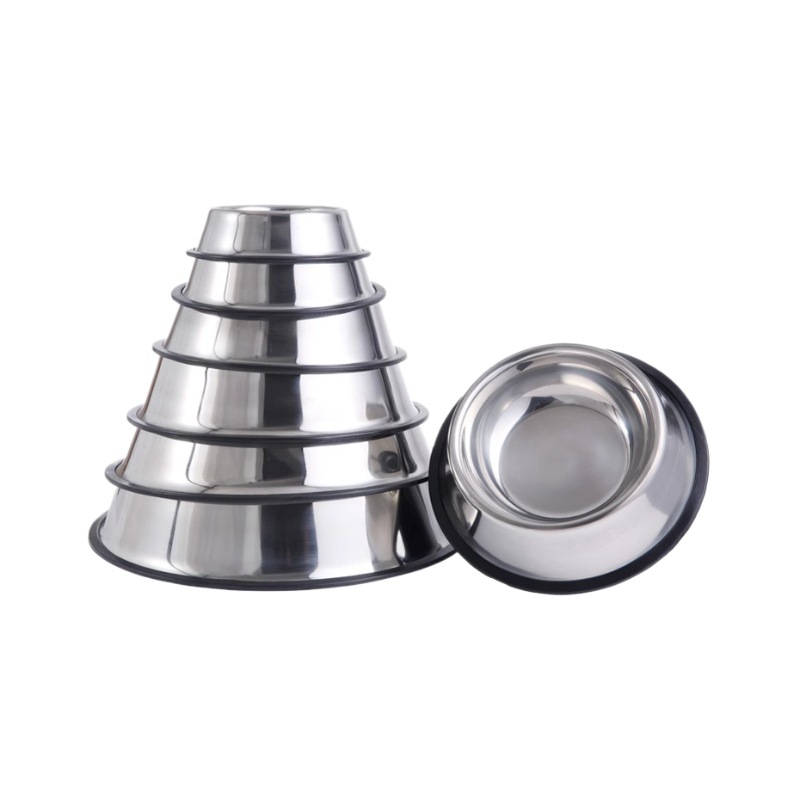 Stacked stainless steel dog bowls in multiple sizes