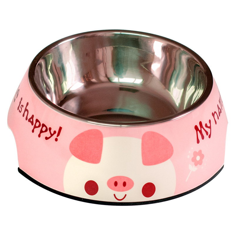 Pink patterned stainless steel pet bowl exterior