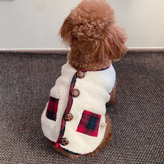 Cream plaid fleece pet vest shown from the back