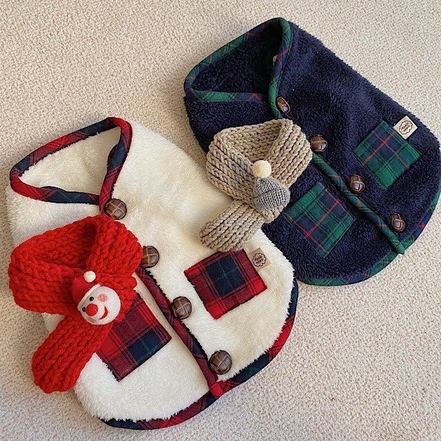 Cream and navy plaid fleece pet vests with matching scarf accents