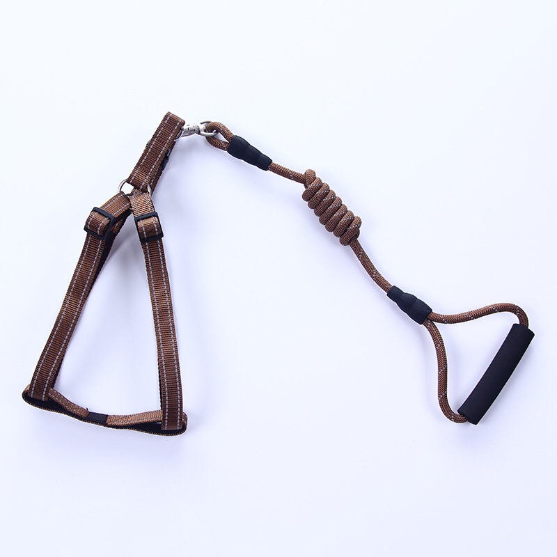 Brown solid round rope pet leash with matching harness strap